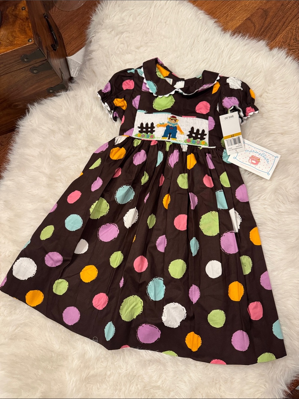 Marmellata Brown Embroidered Dress with Multicolor Polka Dots Size 3T NWT.